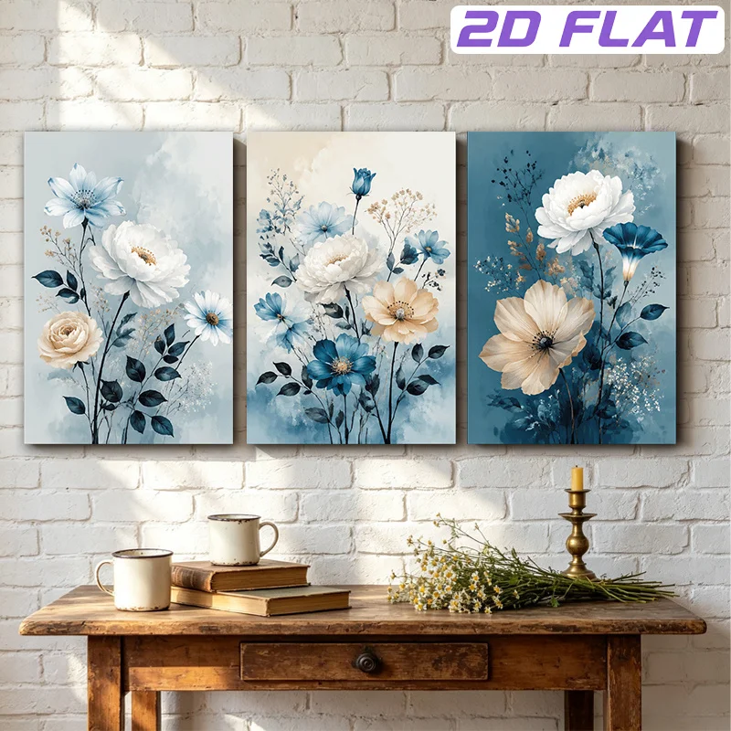 2D Flat, 2D Flat 3pcs 30x45cm(12x18in) Unframed Canvas Painting Wall Art with Beautiful Floral Arrangements for Living Room B