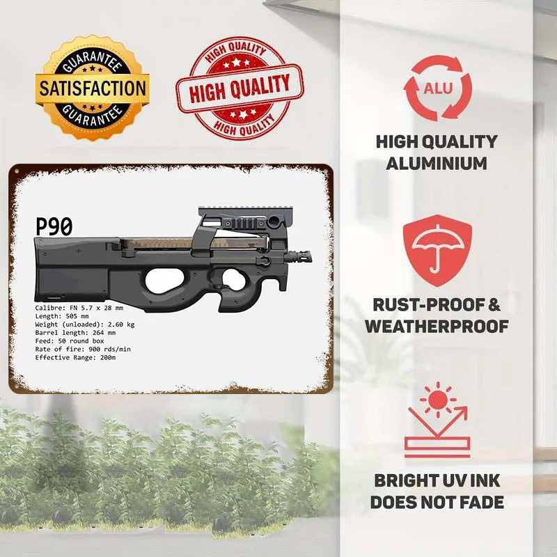 P90 PDW Sub Machine Gun Printed Poster Customized Wall Art Retro Vintage Metal Tin Signs for Bedroom Decoration Room Accessories