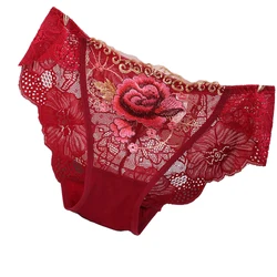 Embroidery Flowers Bandage Transparent Briefs Red Panties For Women Hollow Out Sexy Lingerie Corset Lace Cotton Lady's Underwear