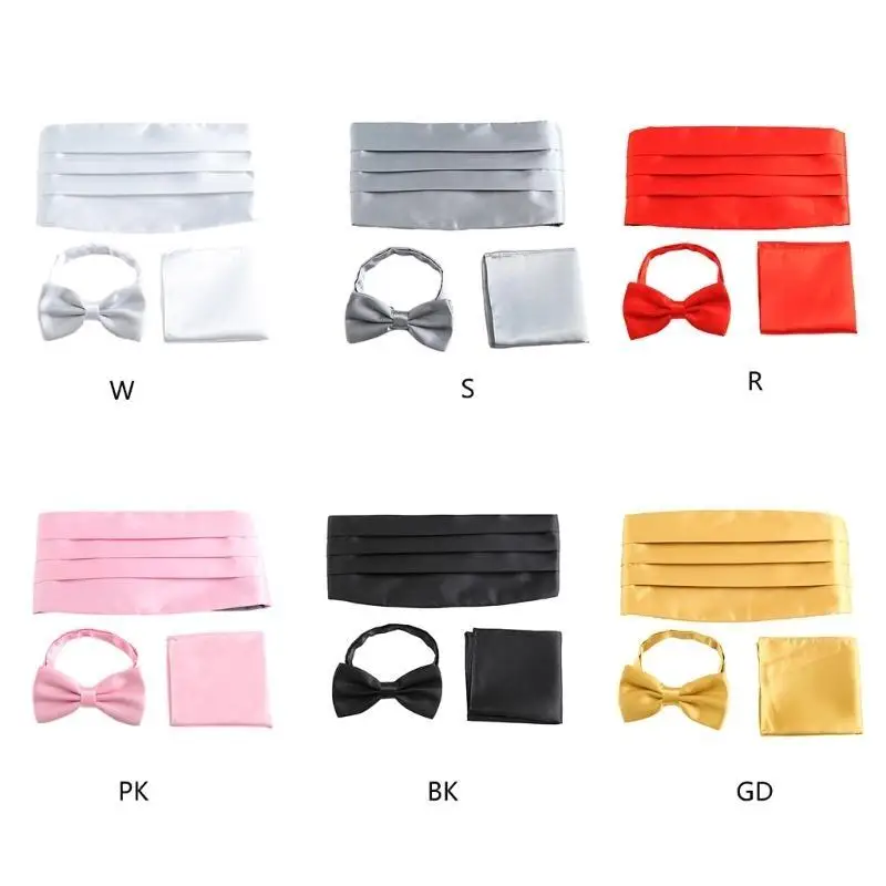 39BD 3in1 Men Bowtie Set with Pocket Squares Cummerbund Set Husband Father Suit Accs