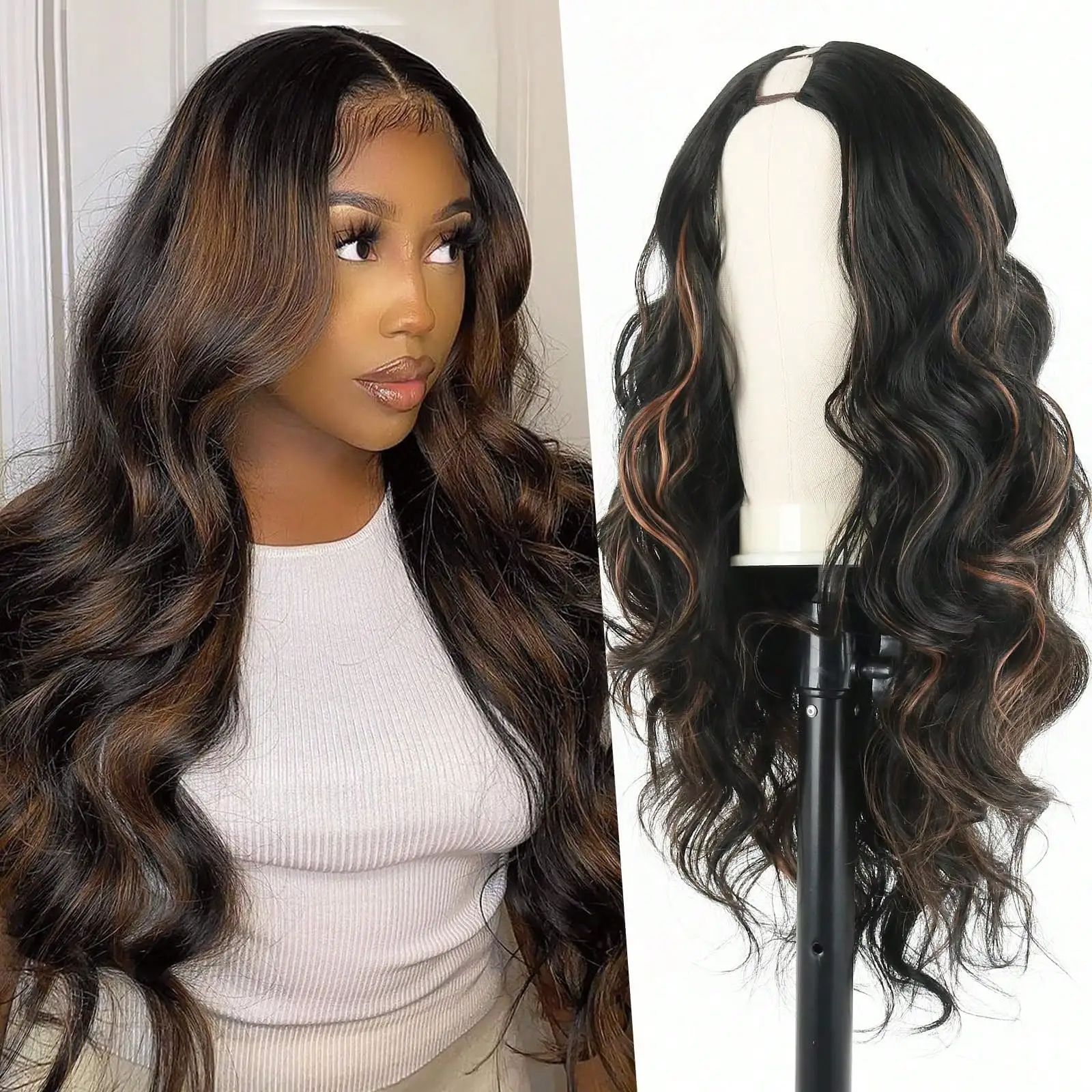 V Part Body Wavy Wig With Black Long With Highlight Brown Upgrade U Part Synthetic Water Wavy Wigs For Women Clip In Hair Glueless Synthetic Wigs (Brown Mix Black )