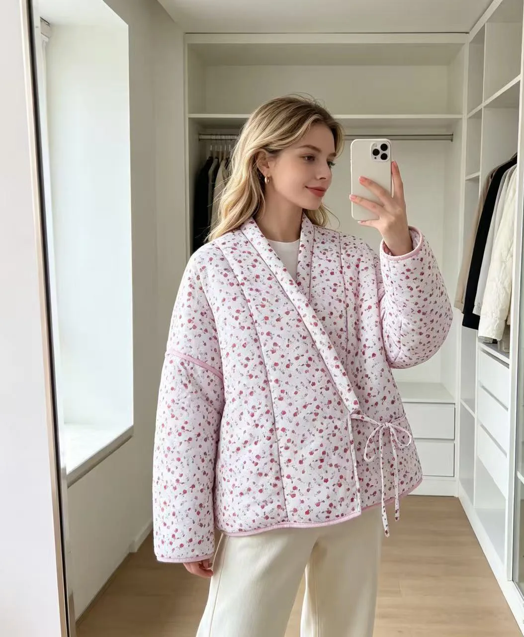 AW Casual Flower Printed Women Thick Coat Loose Lace Up Full Sleeve Female Quilted Jackets 2026 Autumn Winter Warm Lady Outwears