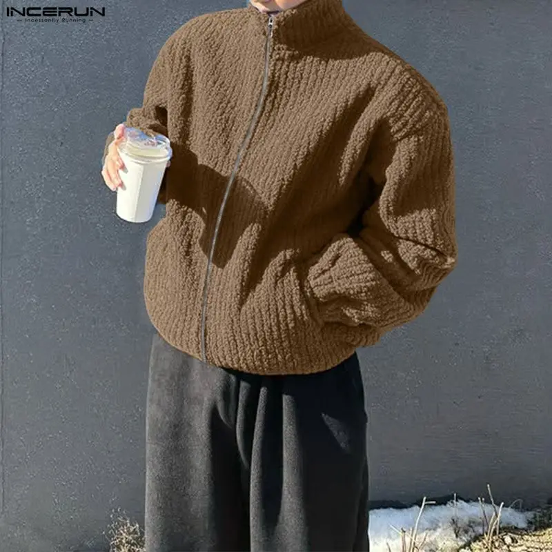 

INCERUN Men Jackets Solid Color Corduroy Stand Collar Long Sleeve Male Coats Zipper Streetwear Loose Fashion Casual Outerwear