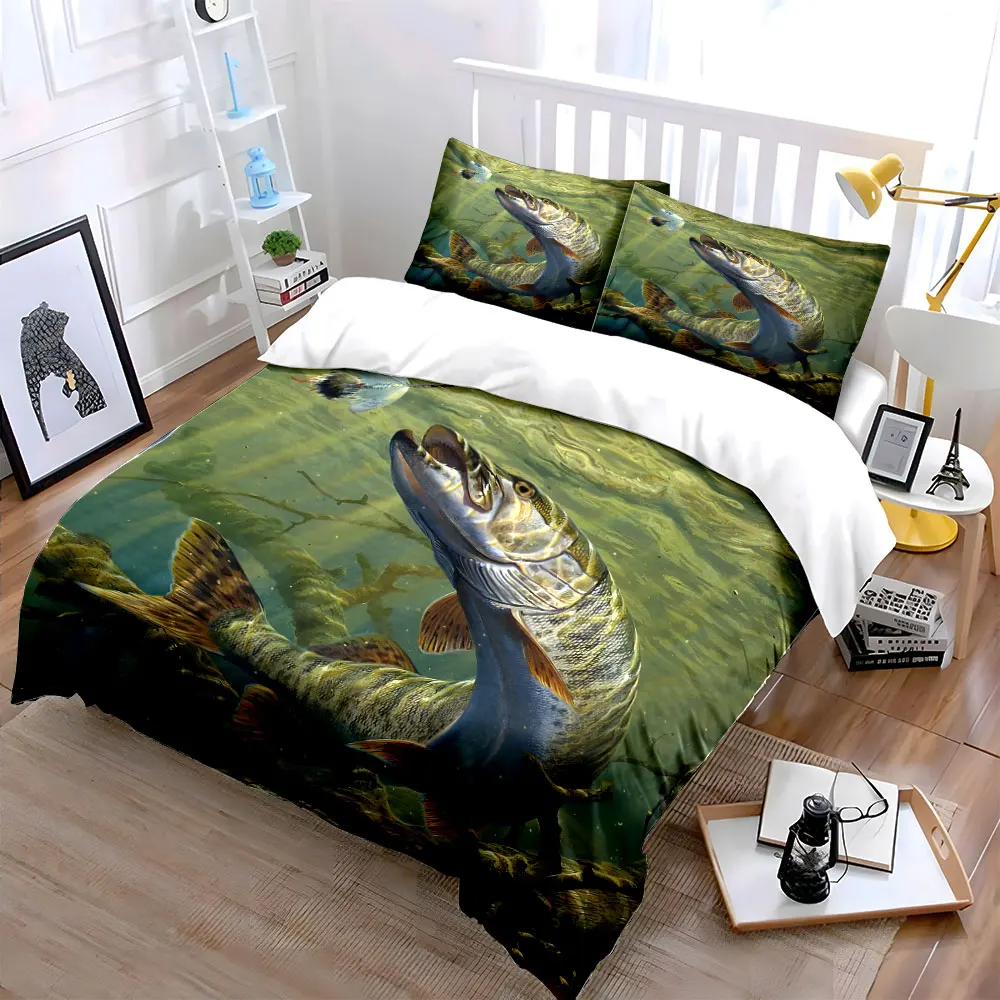 Large fish hunting underwater Bedding Set for Kids Luxury Gift 3pcs Digital Print Comforter Set Soft Comfortable Breathable