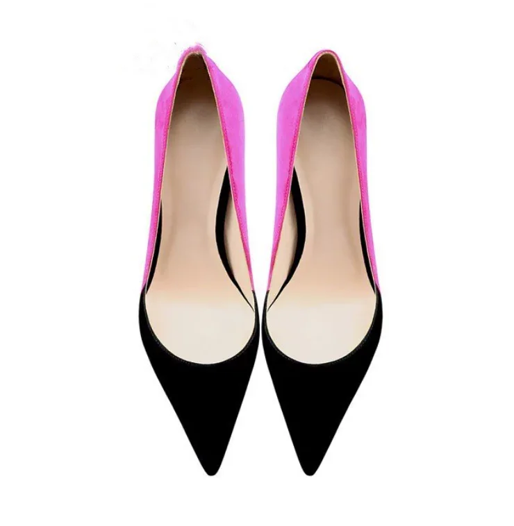 European and American fashion color blocked suede high-heeled single shoes for commuting, banquets, and women