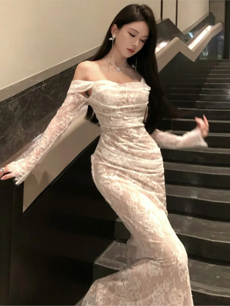 

Sexy Bodycon Slimming Lace Fish Tail Strapless Women's Dresses Elegant Evening Party Long Dress Femle Fashion One Piece Robe New