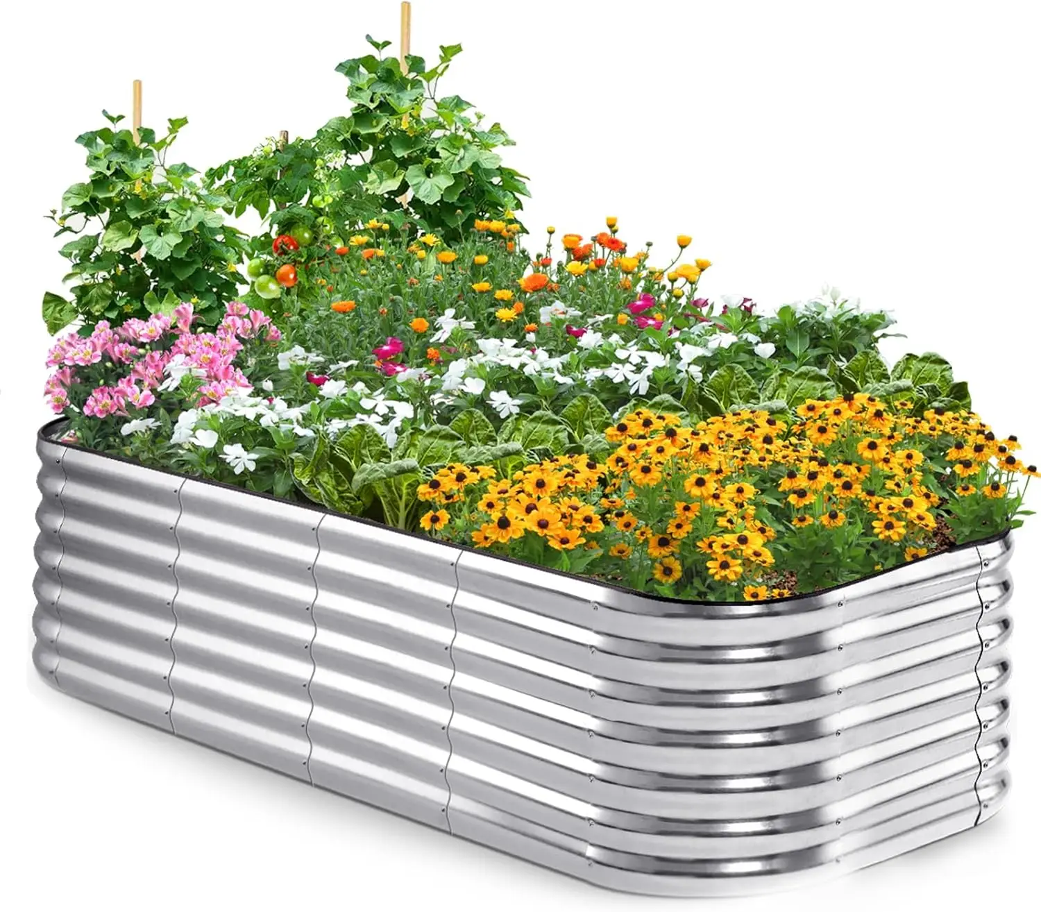 

Raised Garden Bed Kit Oval Galvanized Metal Planter Box Tall for Vegetables Outdoor Backyard, Rubber Strip Edging Included, Silv