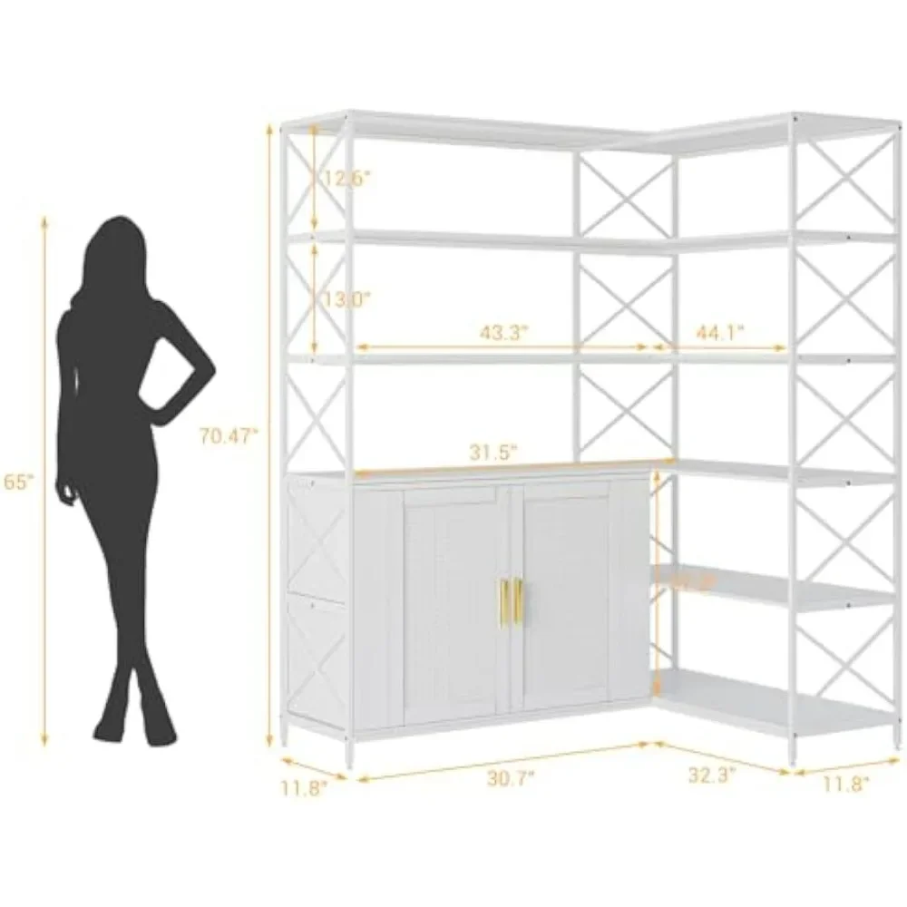 

Винтажный 6-ярусный угловой книжный шкаф в индустриальном стиле, L-образная полка для хранения с тумбой, современный дизайн в стиле фермерского дома