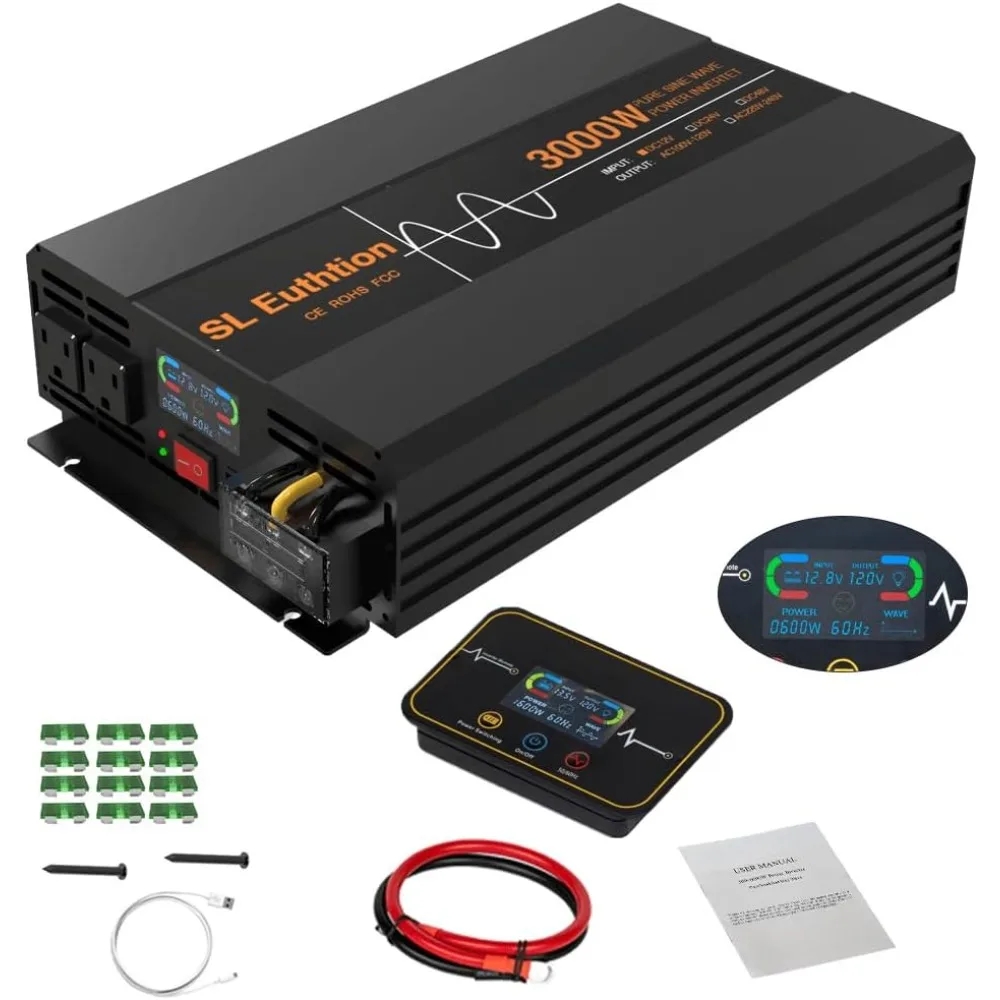 3000W/6000W(Peak) Pure Sine Wave Car Power Inverter 12V DC to 120V AC 60HZ with LCD Display