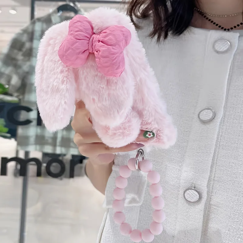 

Pink Plush Velvet Bowknot Rabbit Phone Case with Chain Suitable foriPhone 16 Pro Max