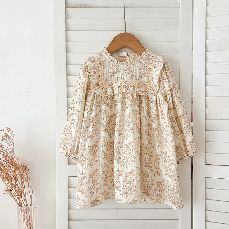 1-6Years Girls' Dress Floral Print Lace Girls' Cotton Dress 2026 Autumn New Flower Long Sleeved Sweet Children's Princess Dress