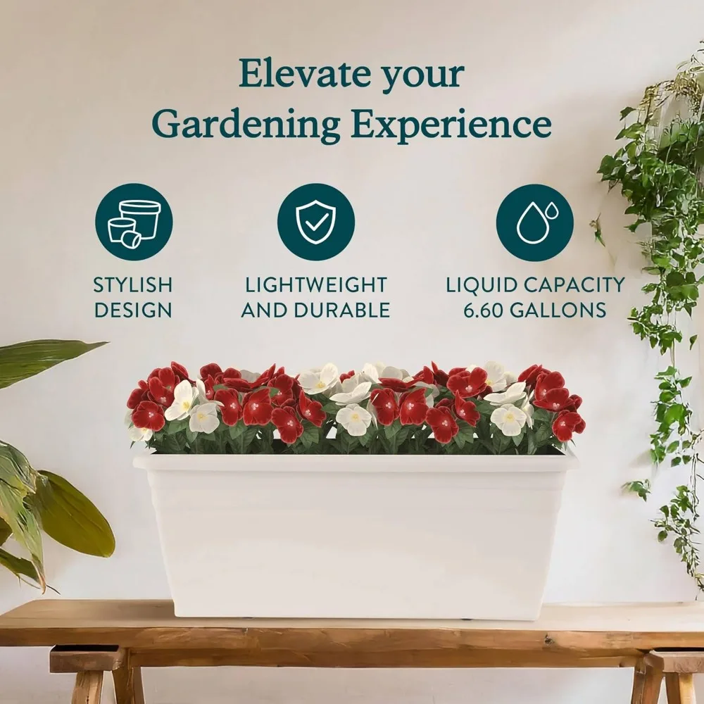 HC Companies 24 inches Deck Rail Box Planter with Easy Drainage Holes, Mounted Garden Flower Planter Boxes, White, Plastic, 4 Pa