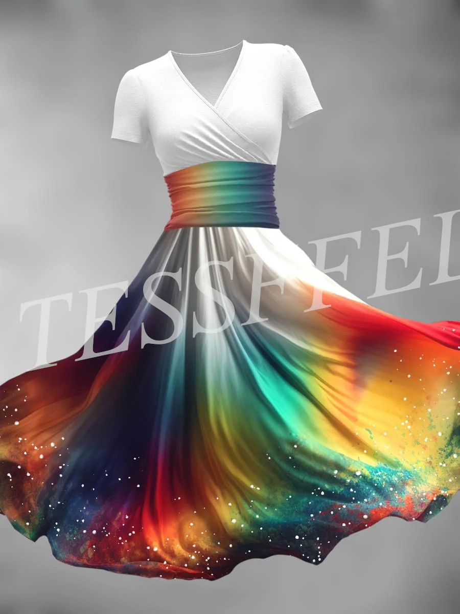 Tessffel New Fashion Blume Farbverlauf bunte Harajuku Vintage Retro Maxi kleid 3dprinted V-Ausschnitt Kurzarm Kleid langes Kleid v3