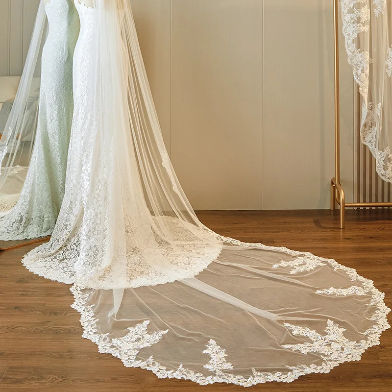 

Embroidered Lace Motif Bridal Veils Bride Long Tail Wedding Veil 2025
