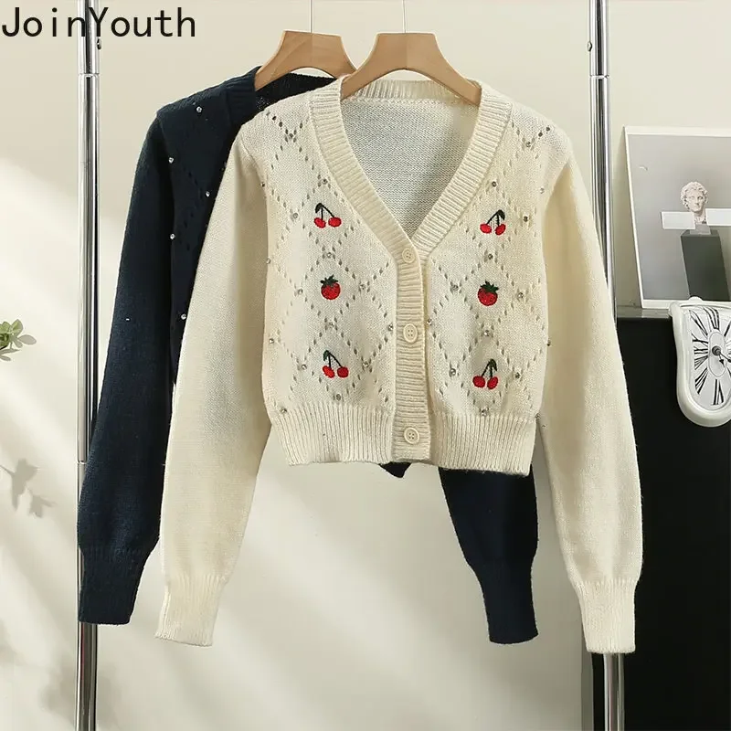 Cropped Cardigan Women Clothing Long Sleeve Knitted Thin Sweater Jackets Hollow Out V-neck Vintage Embroidery Tops Pull Femme