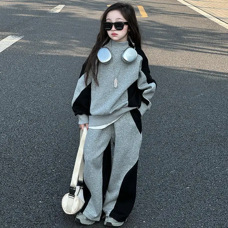 2026 Autumn Winter Kids Girls Clothes Set Suit Child Patchwork Loose Sweatshirt T-Shirt Top + Loose Pant Tracksuit 4 8 10 12 Yea
