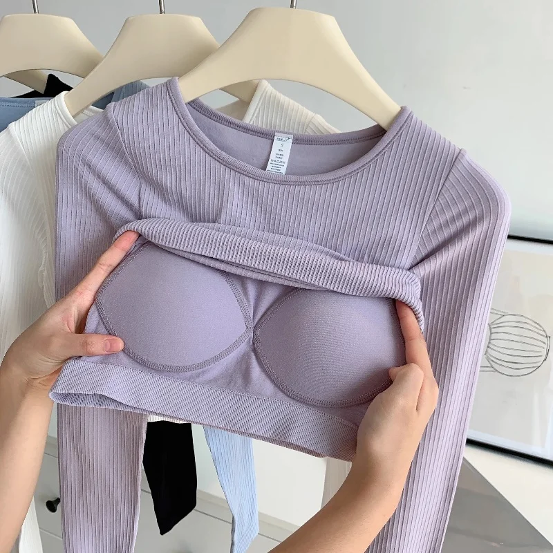 

Женская футболка Supdorx Yoga Fitn с длинными рукавами, облегающая, со встроенными накладками на груди, спортивная одежда для бега, осенняя сезонная одежда