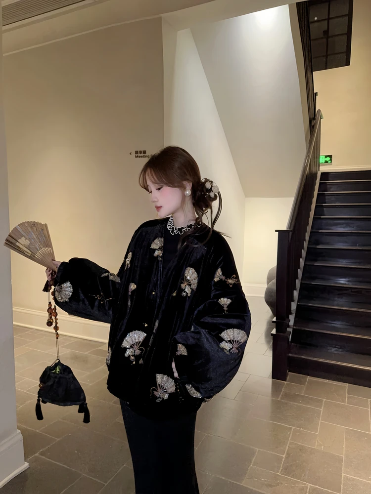 

New Chinese Sle Bead Embroidery down Jaet Women's Winter Heavy Work Ele Thin Outerwear Regular Length Warmth