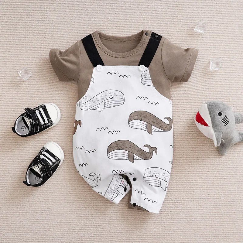 Baby Boy Girl Newborn Casual Cute Cartoon Whale Fake Two Pieces Of Baby Jumpsuit Cotton Summer Short Sleeved Jumpsuit