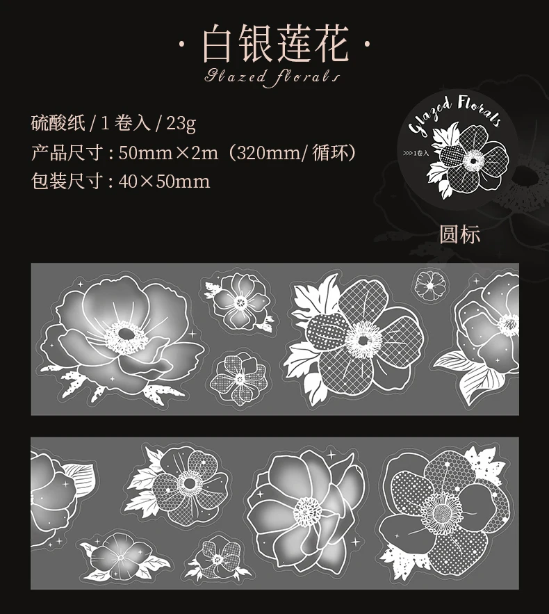 Journal GO 5cmx2m Weißes Blumen-Klebeband mit Tintenmuster, Pergamentpapierband für Journaling, Scrapbooking, Planer, Basteln, Papierwaren – Detail 17