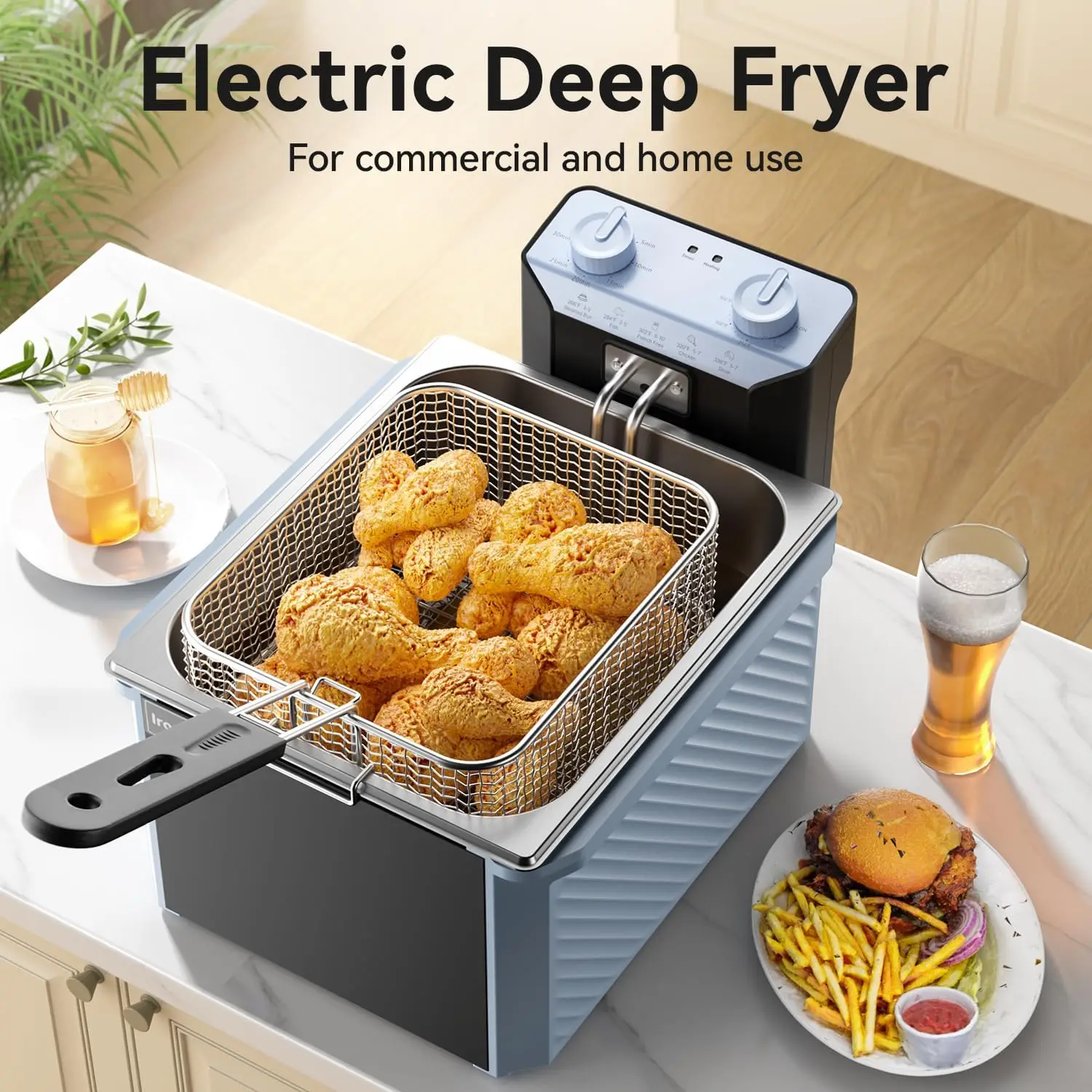 Fryer w/Basket & Lid, 10.6QT Large Electric Fryer, Oil Fryer for Chicken/Fish, w/30-Min Timer, Adjustable Temp, Safety Lock, Ove