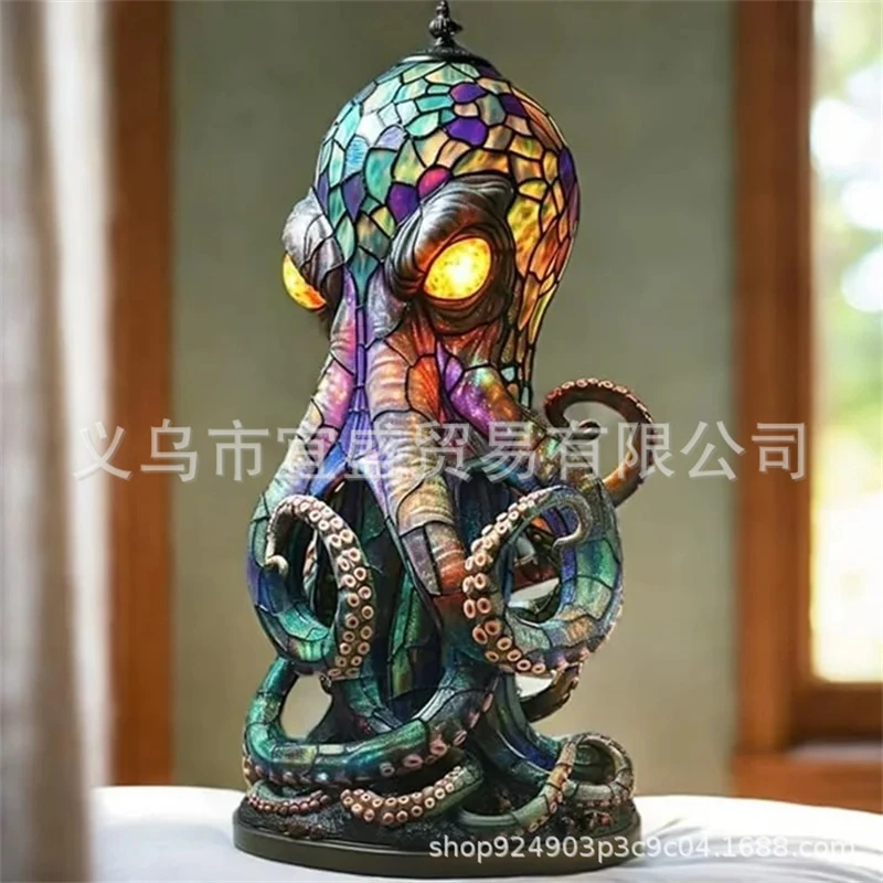 Stained Glass Style Resin Octopus Lamp Decorative Table Night Light Unique Ocean Animal Design Living Room Bedroom Ambient
