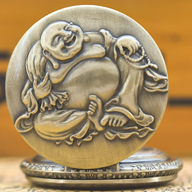 Retro Bronze Steampunk Maitreya Buddha Flip-Top Male And Female Student Gift Quartz Necklace Commemorative Pocket Watch