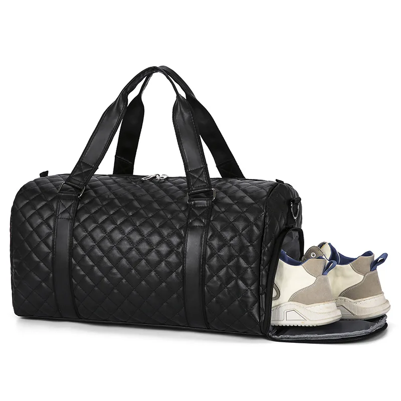 pu-leather-travel-totes-women's-gym-bag-duffle-sports-fitness-luggage-grid-luggage-handbag-outdoor-shoes-pocket-weekend-bag