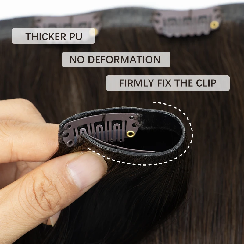 目に見えない厚いPUクリップ式人毛エクステ、シームレスPUウェフトテープクリップ式ヘアピース、太い未処理毛用、7個セット、12～24インチ、100～120グラム