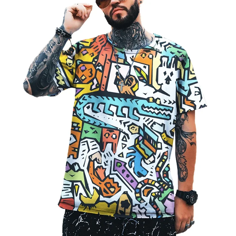 2024 New Men's Fashion Street Hip-hop Graffiti 3d Printing Leica Polyester High-quality Fabric T-shirt 2024 Brand Plus Size Top