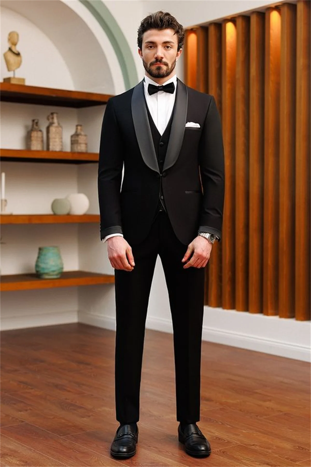 Elegant Black Wedding Suits For Men Slim Fit Smooth Shawl Lapel Groom Tuxedos Prom Party 3 Pieces Sets Traje Formal Para Hombre