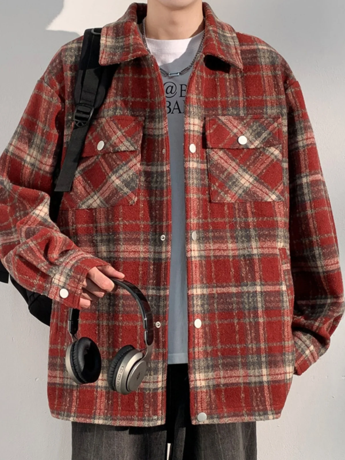 

Красная клетчатая мужская куртка свободного кроя, весенне-осенняя модная брендовая рабочая одежда, рубашка с воротником, молодежная ветрозащитная одежда