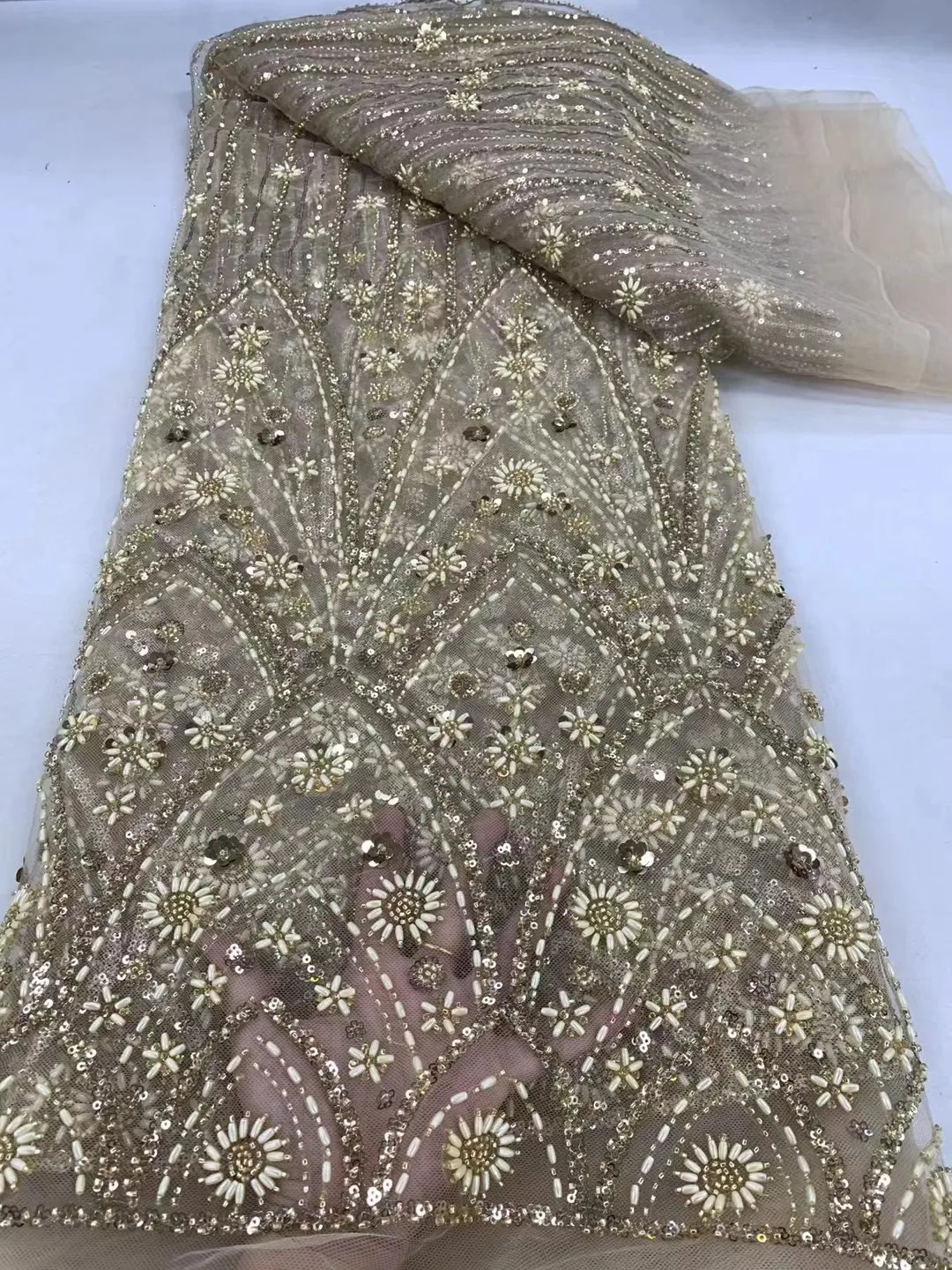 Blue African Luxury Beaded Tulle Lace Fabric French Handmade Sequins Embroidery Lace Fabric For Women Christmas Party Dresses