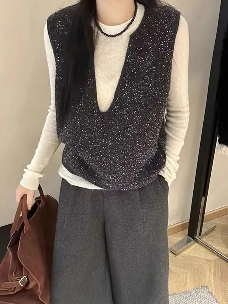 

Вязаный жилет Svel Топ V-Ne с пайетками, повседневный многослойный жилет, осень 2023, женский модный жилет, чистый цвет