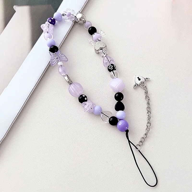 Korea Purple Beaded Flower Candy Butterfly Bracelet Phone Chain Pendant For iPhone Universal Accessories Chain Stylish Jewelry