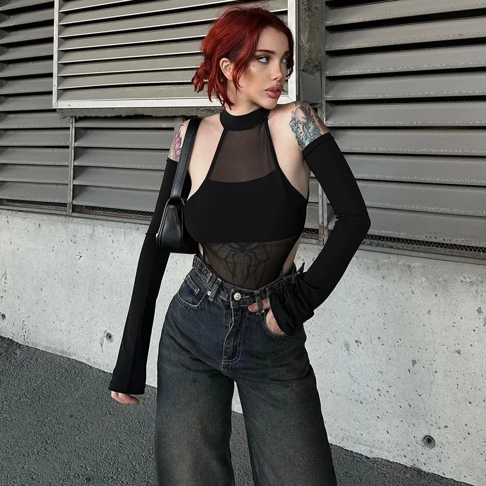 

MORODERAutumn-Winter New Arrival Sensual Split-Long-Sleeve Seamless Net Lace Hollow High-Elastic One-Piece Women's Top