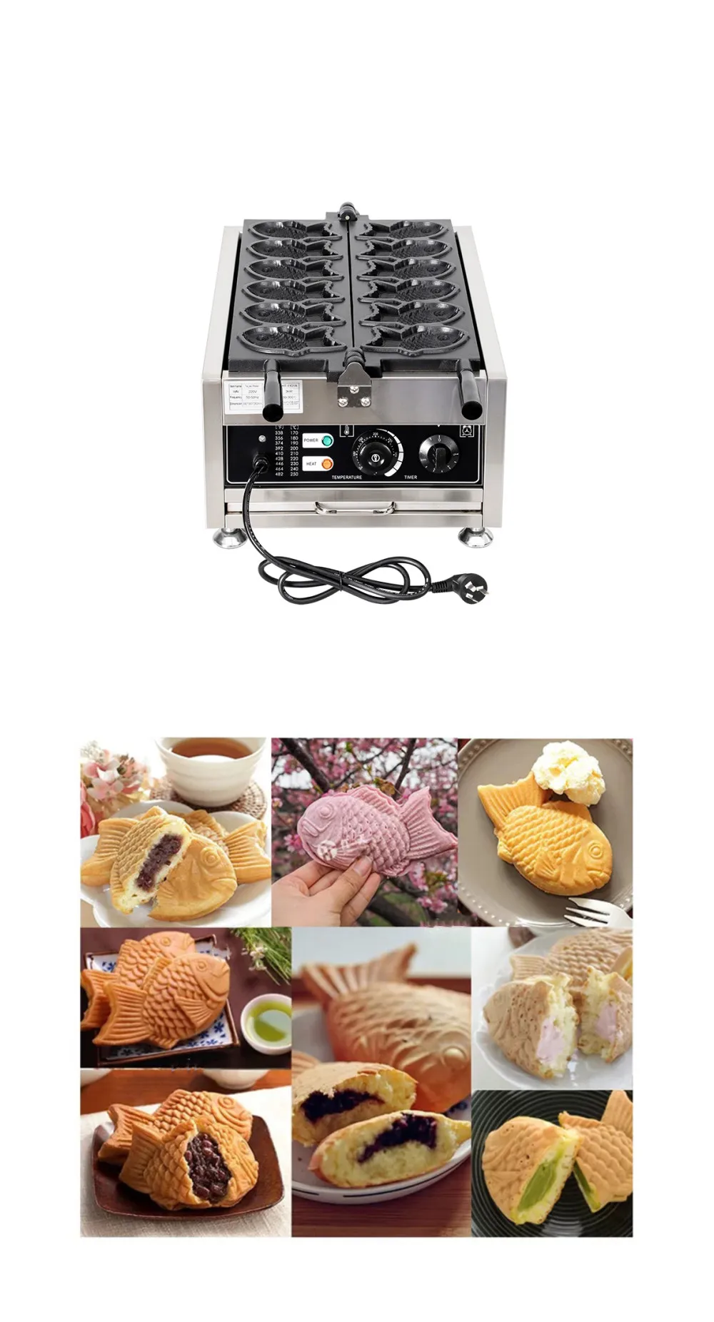 Máquina Eléctrica antiadherente de acero inoxidable para hacer waffles Taiyaki, 6 piezas, 110V, 220V