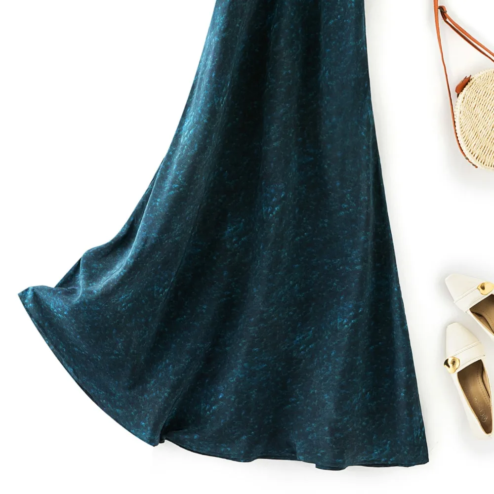 Deep Blue Starry Sky 100% Natural Mulberry Silk Crepe De Chine V-neck Short Sleeve Slant Cut Slimming Style Fishtail Dress