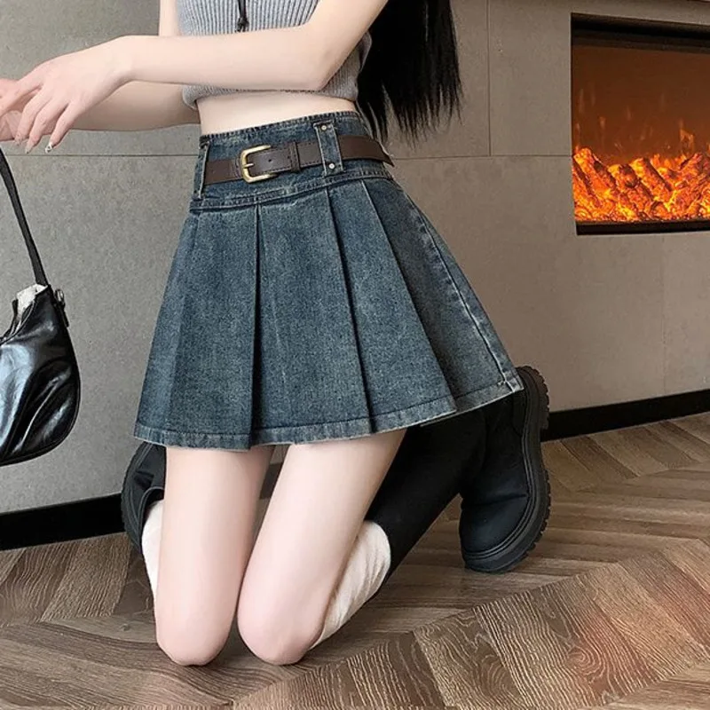 Vintage Blue Denim Pleated Skirts For Women Summer Korean Fashion High Waist A-line Skirt Short Black Woman Clothing Trendy 2024