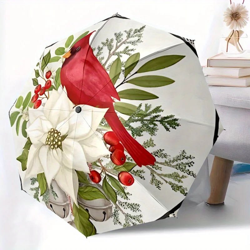 

1pc Automatic Open/Close Umbrella with Floral pattern - Red Cardinal, Foldable Compact Umbrella with 8-Rib Sturdy, Lightweight