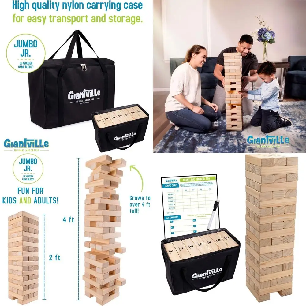 ไม้สนพรีเมียมสำหรับเล่นเกมทิมเบอร์ - ชุดบล็อกขนาดใหญ่ 56 ชิ้น สำหรับเด็กและผู้ใหญ่ - เล่นได้ทั้งในร่มและกลางแจ้ง - สูงกว่า 4 ฟุต พร้อมแท่น