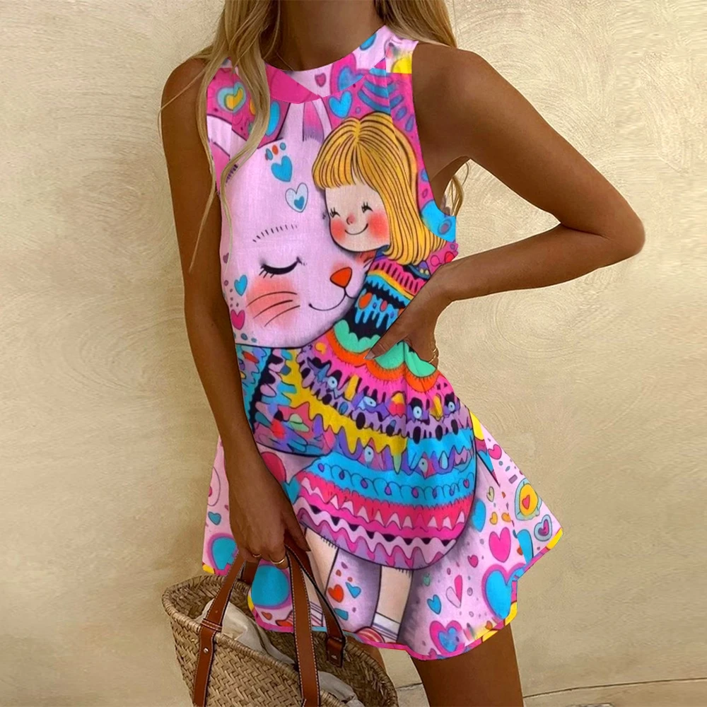 

Sleeveless Sundress Small Girl And Cat Printed Fashion Color Scheme Women'S Short Skirt All Over Jumper Skirt Clothing