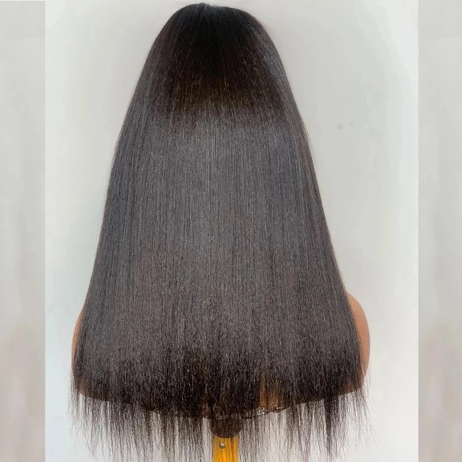 Suave 26 pulgadas de largo Yaki Natural negro rizado recto peluca con malla frontal para mujeres con pelo de bebé sin pegamento prearrancado sintético diario