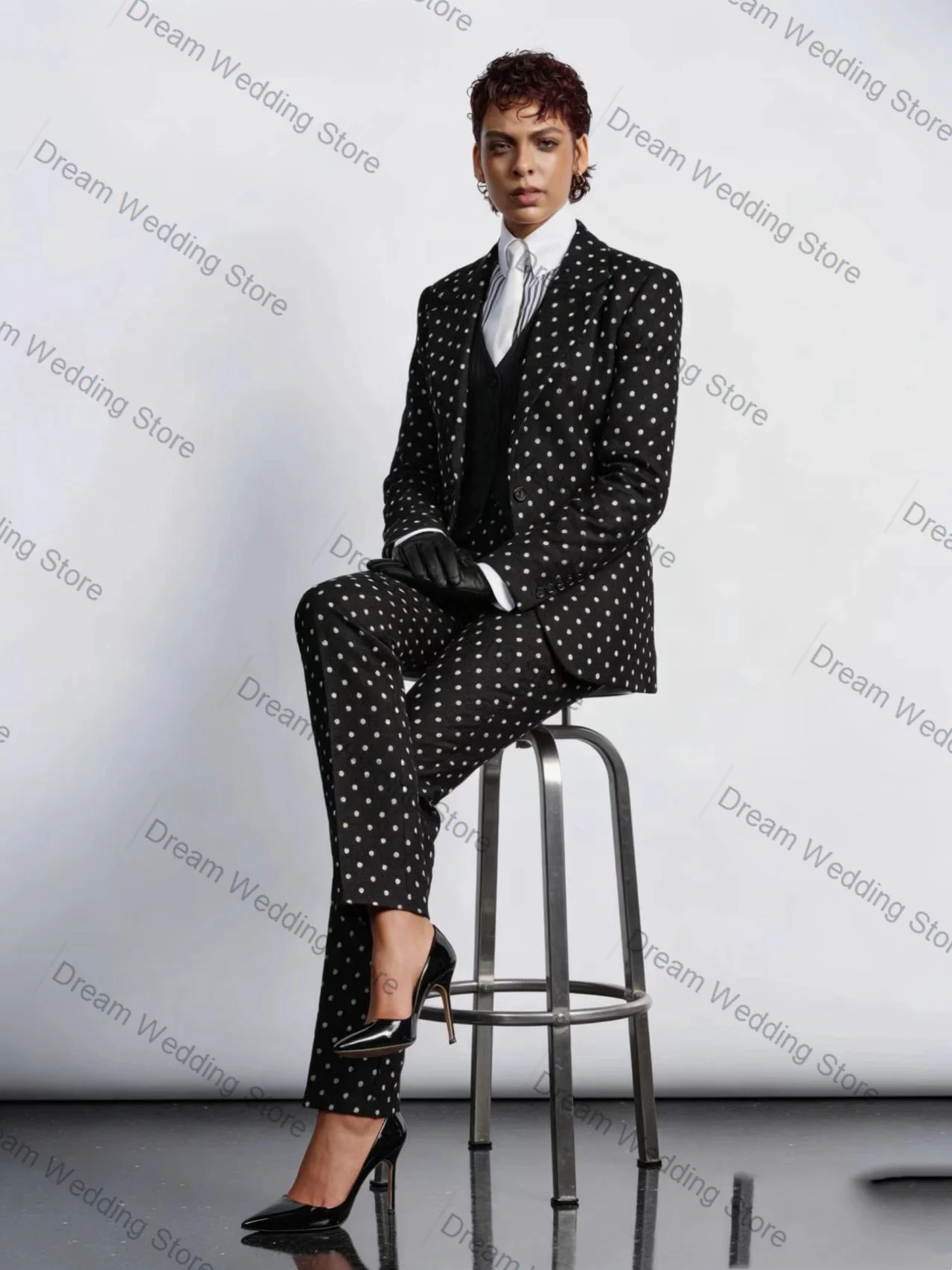 

Dot Black Women Suit Set 2 Pcs Blazer+Straight Pants Spring Cotton Formal Office Lady Jacket Customized Wedding Guest Coat