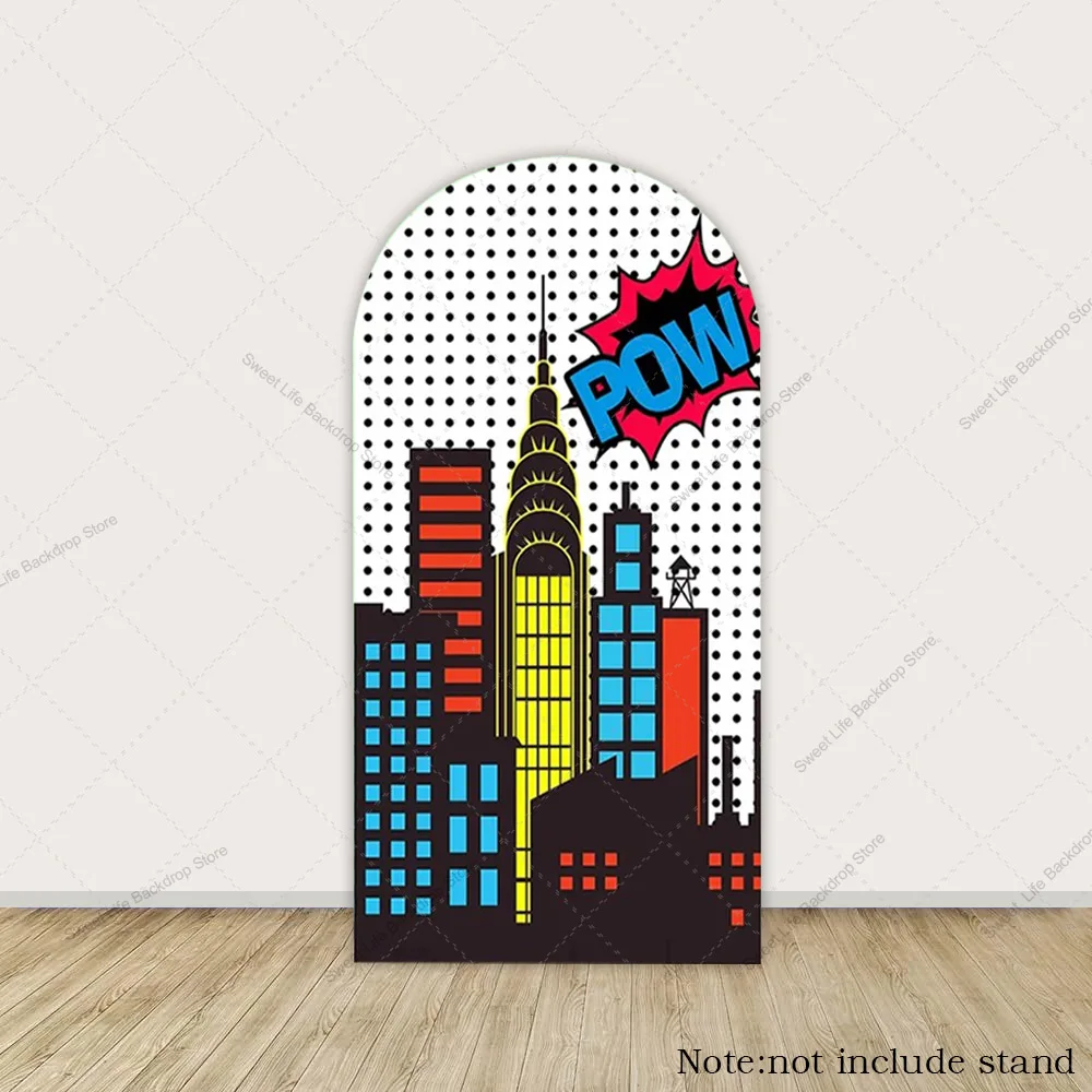غطاء خلفية على شكل قوس بناء المدينة الكرتونية على الطراز الهزلي للأولاد وحفلات أعياد الميلاد وحفلات أعياد الميلاد وديكور خلفية الصورة