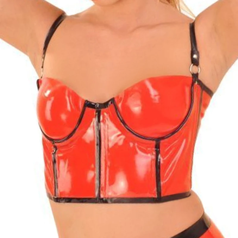 Soutien-gorge en Latex Sexy rouge et noir, avec garnitures, fermetures éclair au dos, Lingerie en caoutchouc, brassières 0042