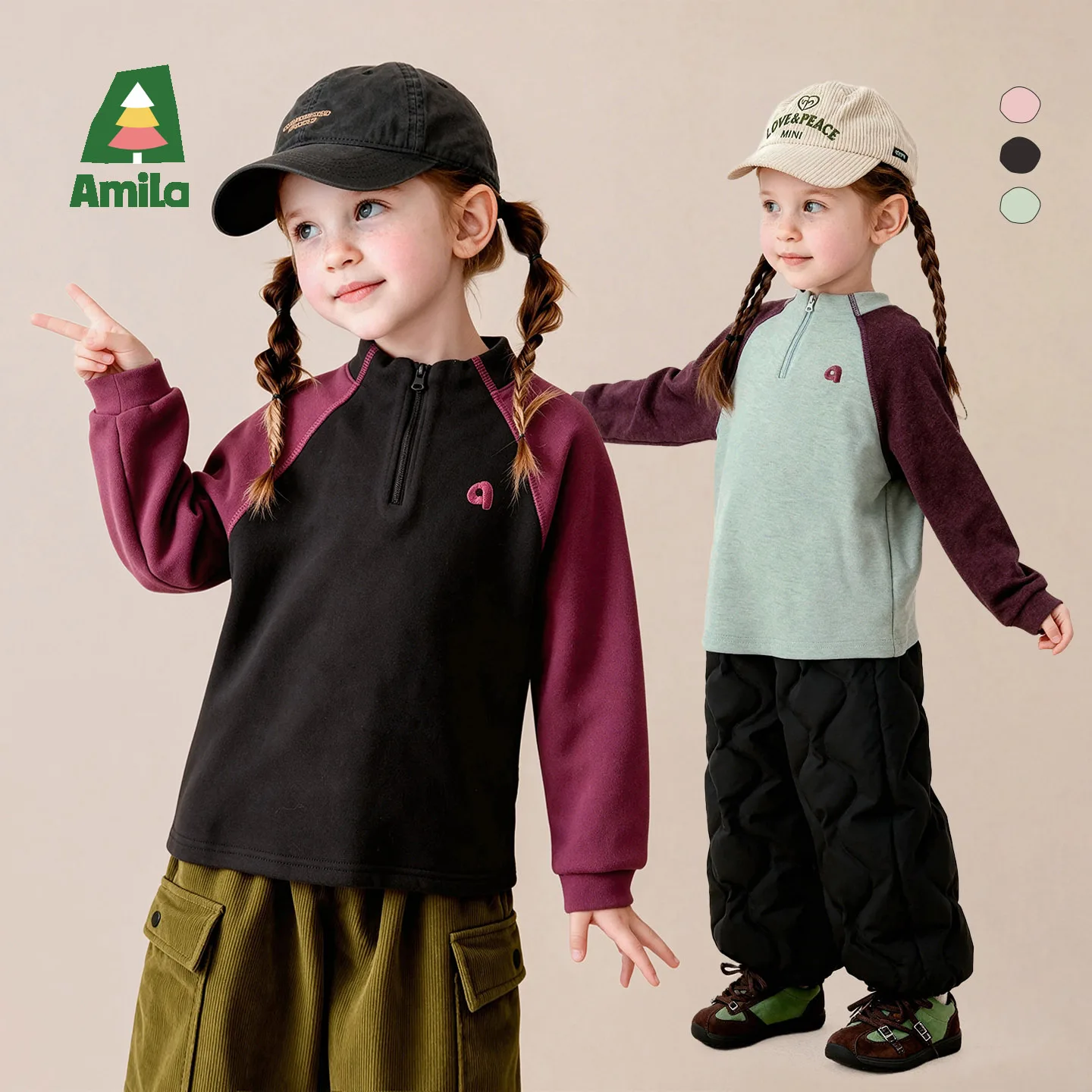 Amila 2026 Winter New Kids T Shirt Half Zip Raglan Sleeve Color Block Letter Embroidery Extra Soft Warm Cozy Daily Versatile Top