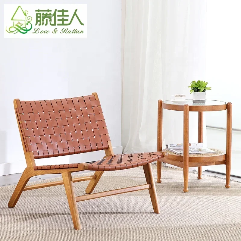 Hot Selling Stock Fast Delivery Knock Down Vintage Danish Tan Wood Woven Leather Strap Living Room Leisure Lounge Chair