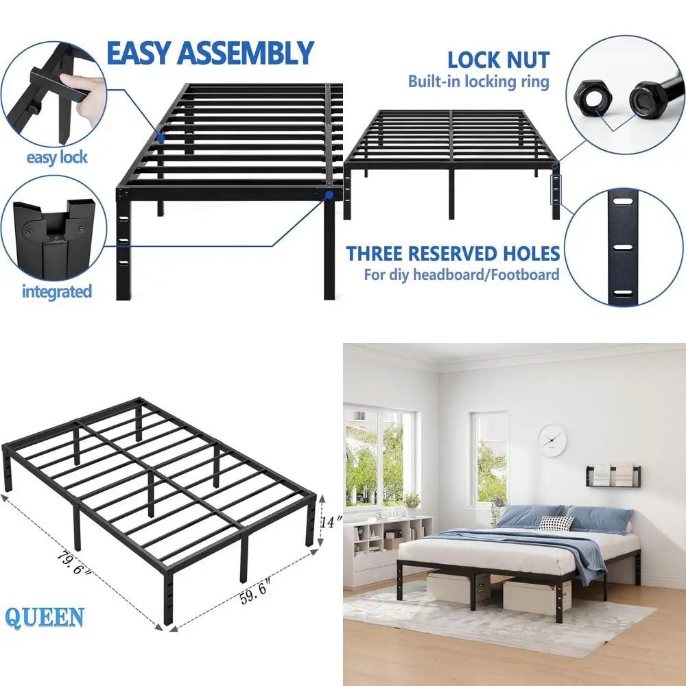 

Queen Size Metal Bed Frame with Storage, 14 High, Heavy Duty, Easy Assembly, No Box Spring, Black