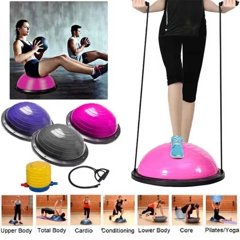 Indoor Gym Fitness Equipment 58cm Anti Burst Pilates Yoga Exercise Half Bosuing Balance Ball With Resistance Bands